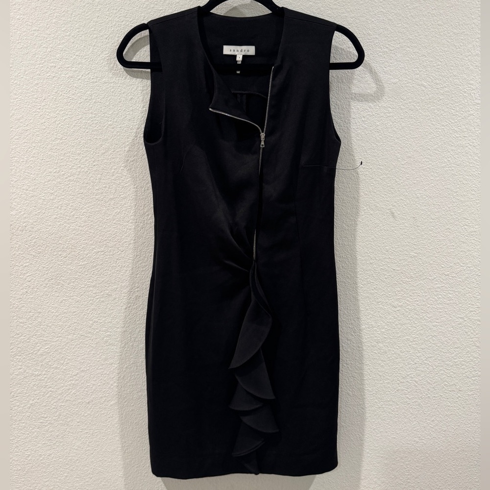 NWOT Sandro Black Sleeveless Zipper Front Ruffle Accent Cocktail Sheath Dress 1